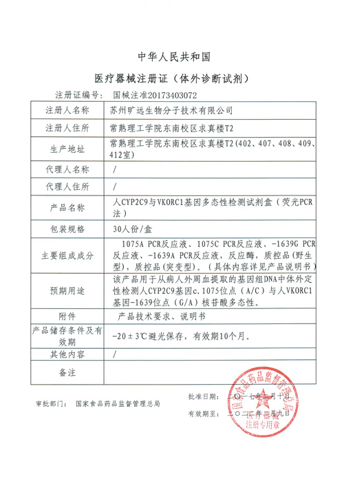 喜讯！苏州BC贷生物CYP2C9与VKORC1项目喜获Ⅲ类医疗器械注册证